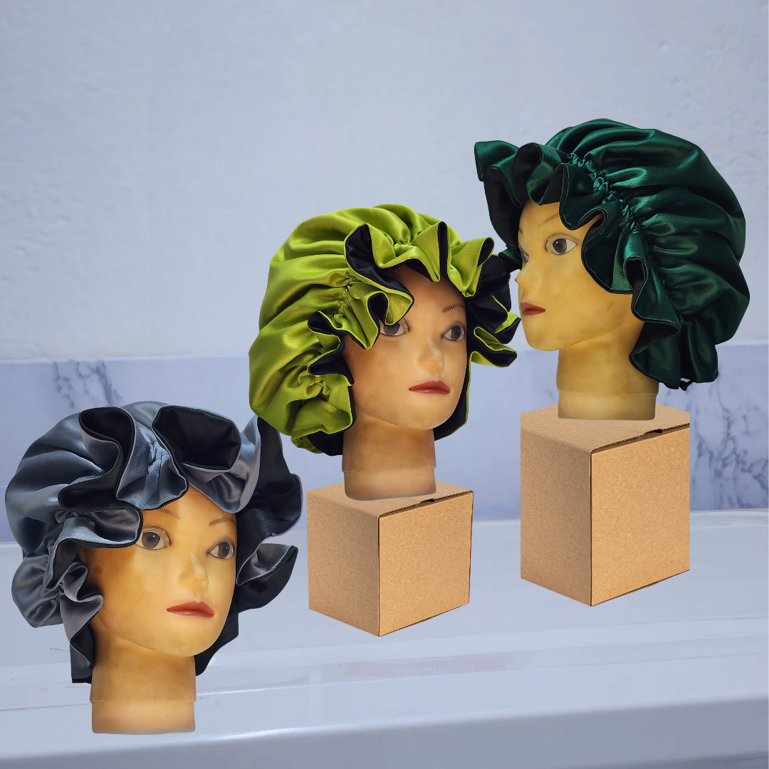 Large, one-sided Banded SATIN BONNET with straps, Breathable satin - Hair Protection for Natural, Curly, and Afro Hair