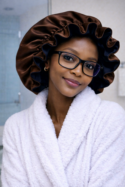 Reversible SATIN BONNET, Ruffled - Hair Protection for Natural, Curly, and Afro Hair