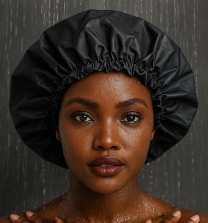 Reusable SHOWER CAP for Women, Large Waterproof Shower Bonnet adjustible drawstring Bath Accessories Hair Hat for Long Hair, Braids(Black)