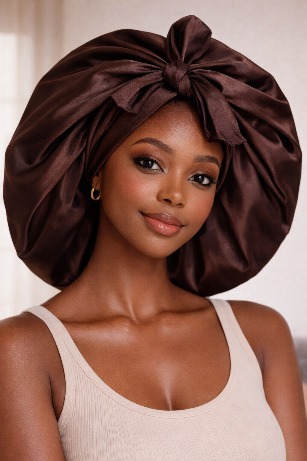 Large, one-sided Banded SATIN BONNET with straps, Breathable satin - Hair Protection for Natural, Curly, and Afro Hair