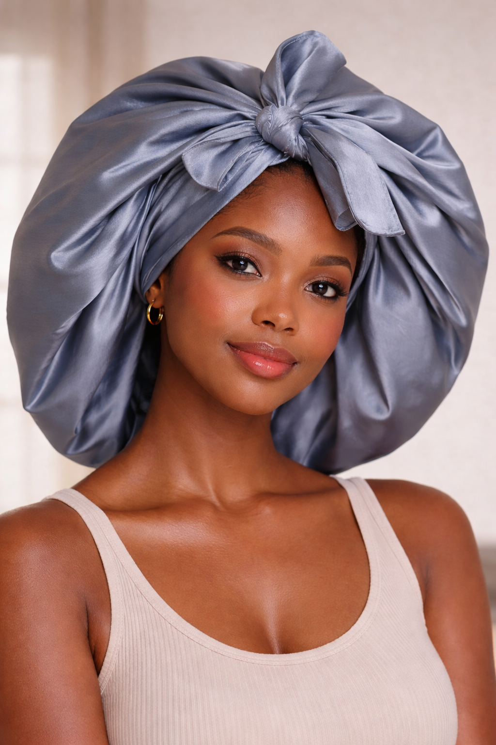 Large, one-sided Banded SATIN BONNET with straps, Breathable satin - Hair Protection for Natural, Curly, and Afro Hair