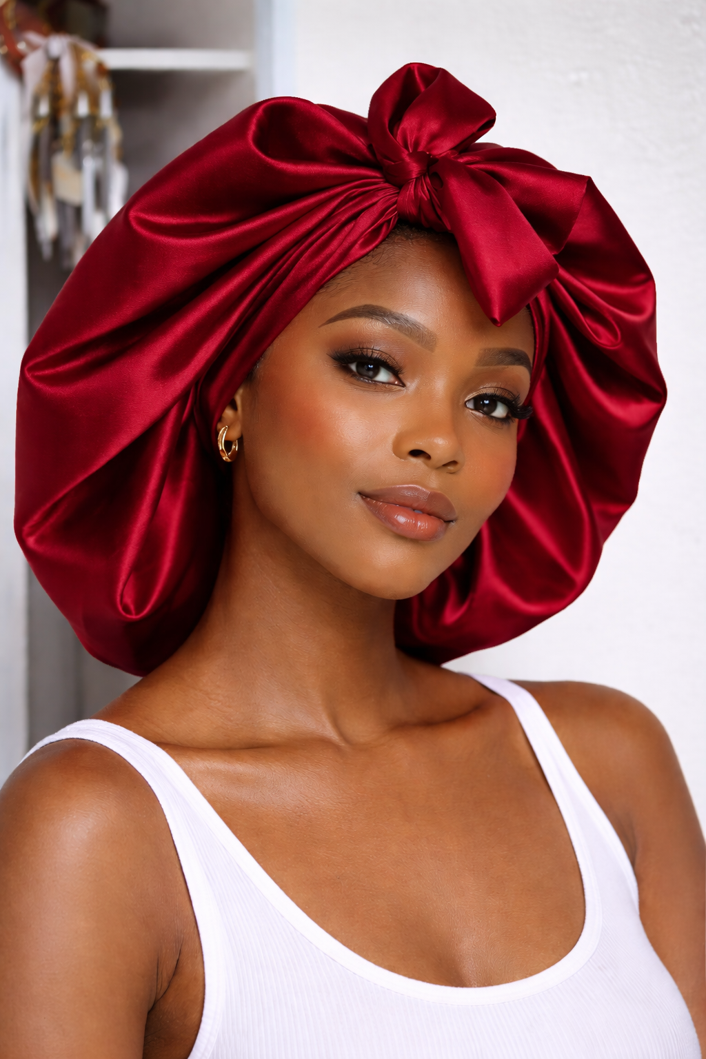 Large, one-sided Banded SATIN BONNET with straps, Breathable satin - Hair Protection for Natural, Curly, and Afro Hair