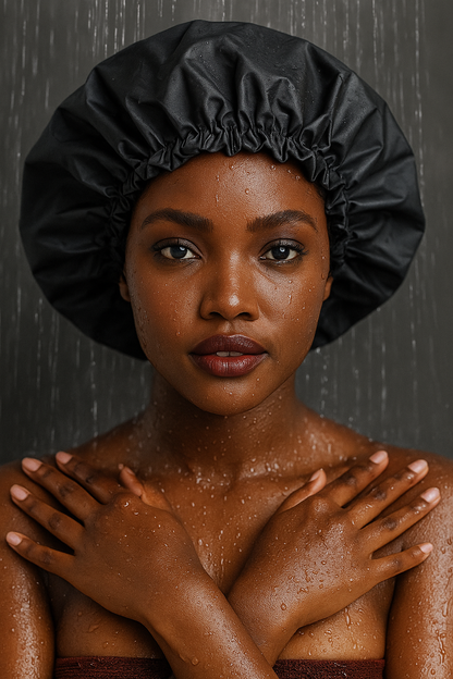 Reusable SHOWER CAP for Women, Large Waterproof Shower Bonnet adjustible drawstring Bath Accessories Hair Hat for Long Hair, Braids(Black)