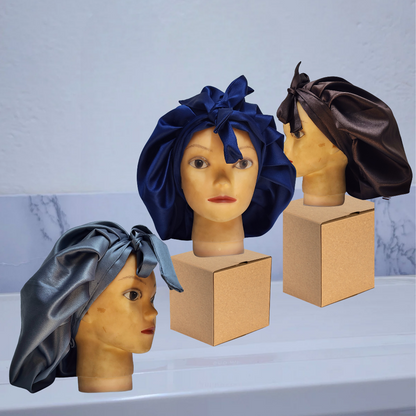 Large, one-sided Banded SATIN BONNET with straps, Breathable satin - Hair Protection for Natural, Curly, and Afro Hair